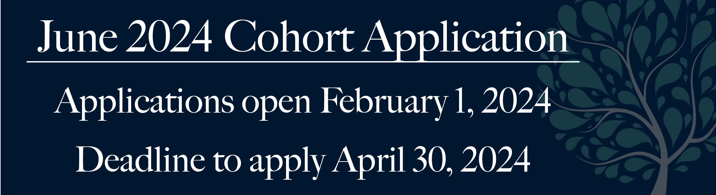 Image that says: June 2024 Cohort Application Dates. Application window opens: Thursday, February 1, 2024. Deadline to apply: Tuesday, April 30, 2024