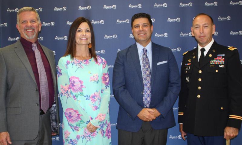 Dr. Jerry Maze; Tanya Linex, Elementary Teacher of the Year; Dr. George Kazanas, Superintendent of the Year; LTC Joseph Merlo, Secondary Teacher of the Year