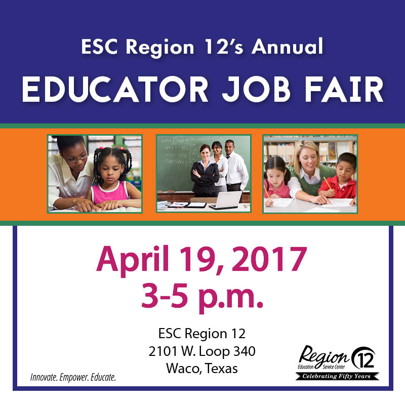 Photos of students on a flyer advertising the ESC Region 12 Education Job Fair on April 19 2017 3-5 