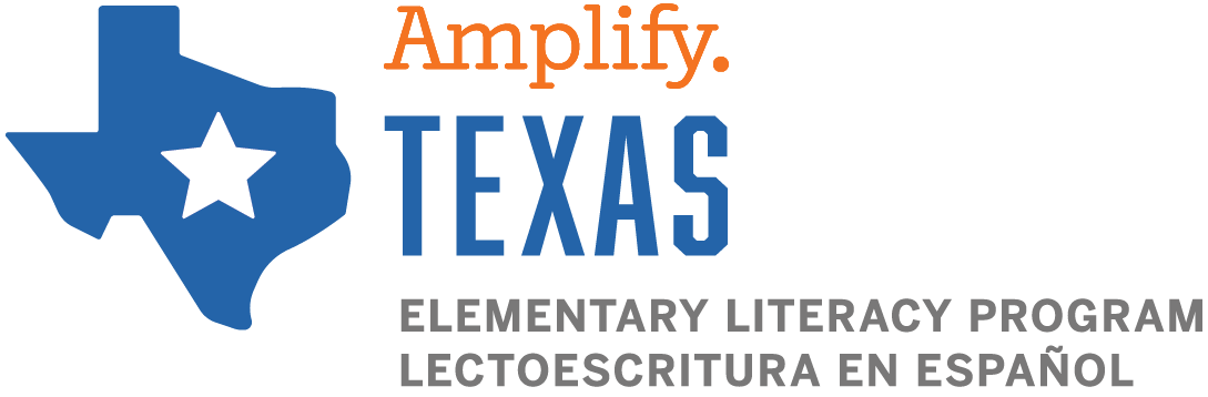 Amplify Texas Logo - State of Texas with a star. Elementary Literacy Program. Lectoescritura en Espanol.